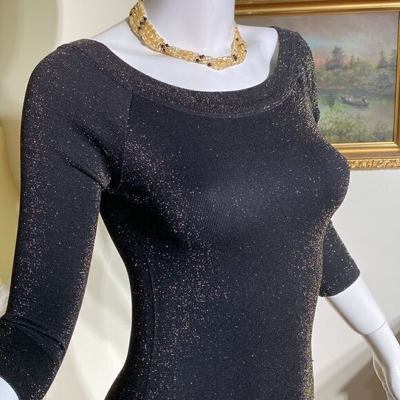 Bebe Stretch Metallic Black & Gold Bodycon Mini Dress 3/4 Sleeves - Picture 8 of 10